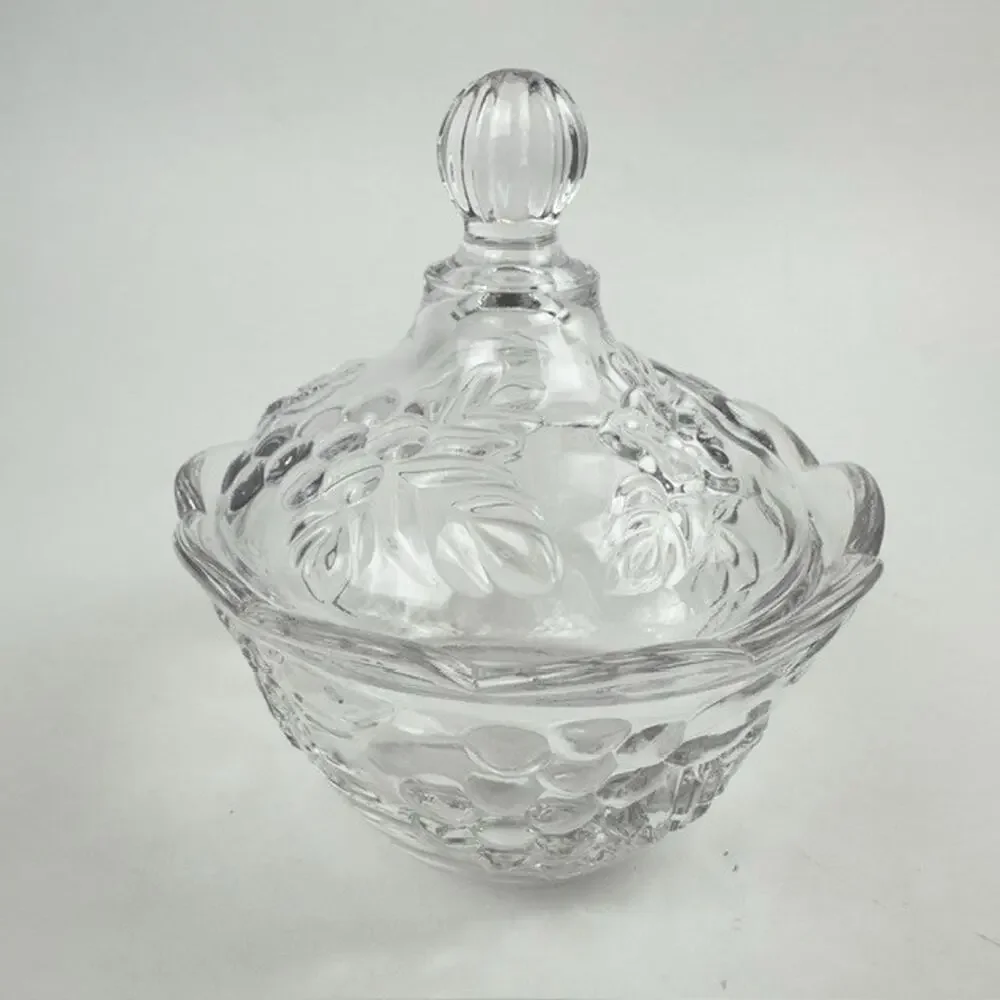 Vintage Clear Glass Candy Dish and Lid w/ Grape Vine /Cherries/Flowers Motif